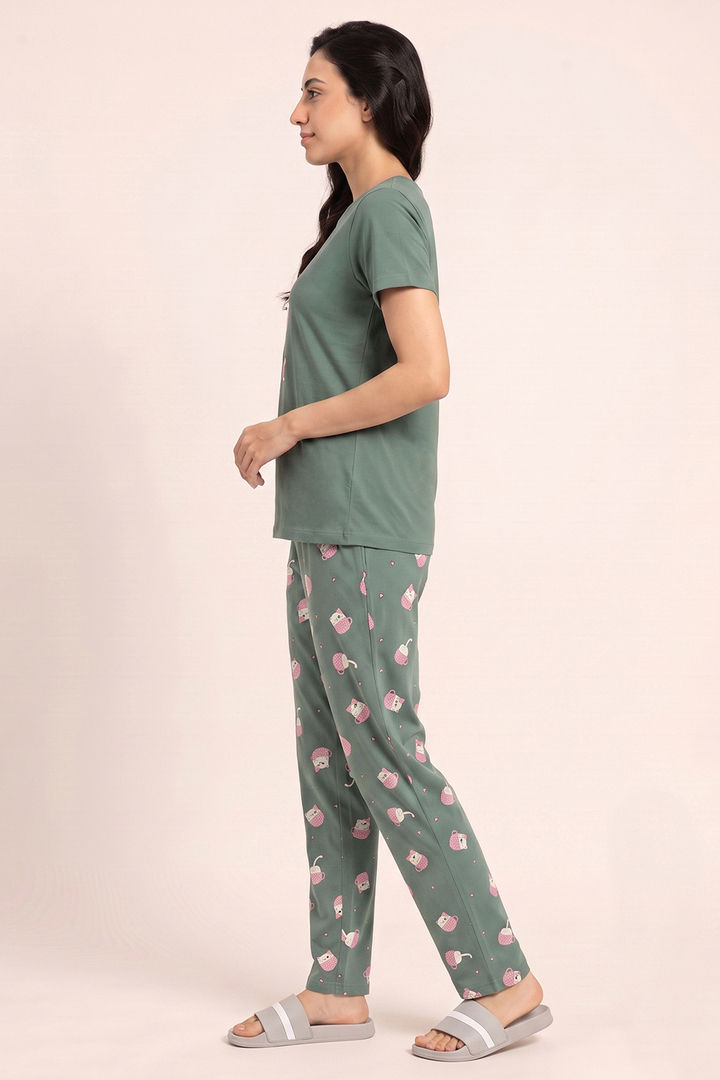 Zivame Farm Lore Knit Cotton Pyjama Set - Iceberg Green — image 3